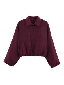 Chaqueta con bolsillo con cremallera para mujer en color burdeos - Abrigo casual de solapa holgada para primavera y otoño - Burdeos - Ver 4