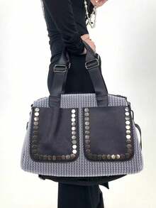 女士时尚Y2K网眼单肩包，大容量拼接铆钉复古斜挎包，多口袋都市街头风手提包，适合日常使用，是送礼佳品。新款女士手提包，女士礼物。 - 銀色 - 查看 7