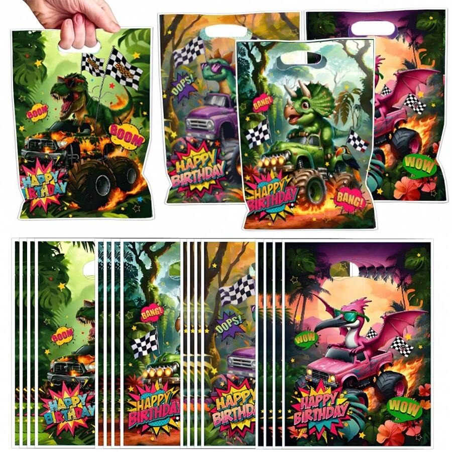 10/20/50 piezas Bolsas de fiesta con diseño de dinosaurio y camión monstruo, adecuadas para fiestas de cumpleaños con temática de dinosaurios y camiones monstruo, suministros de fiesta de cumpleaños con asas - Dinosaurios populares - Ver 1