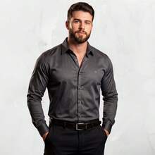 Men's Satin Shirt Premium Fabric Simple Regular Fit Button - 深灰色 - 查看 2