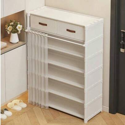 1PC Household Multi-Layer Shoe Rack, With Curtain, Shoe Cabinet, Storage Display Rack, With Drawers, Shoe Storage Cabinet With Curtain, Large Capacity Shoe Cabinet, Suitable For Indoor And Outdoor Use, Suitable For Placement At The Entrance, Household, Indoor, Holiday Gift, Christmas Gift, Gift