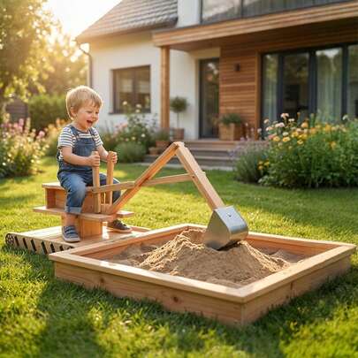  AIYAPLAY Arenero para Niños de Madera con Excavadora, Arenero Infantil con Asiento Giratorio 360° y Forro de Tela no Tejida, Caja de Arena para Niños de 3-6 Años, para Jardín, 184x90x56 cm, Natural