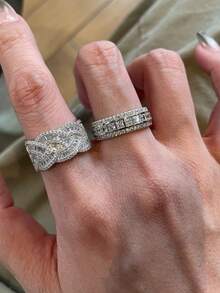 Set Cincin Tembaga Salib Geometris Zirkonia Kubik Mewah 3 Buah, Cocok untuk Acara Jamuan dan Pesta Wanita - Perak - View 7
