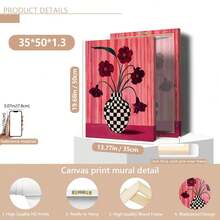 1pc Floral Checkered Vase Print: Berry Pink Wall Decor, Suitable For Home Decor, Room Decor, Bedroom Decor, Living Room Decoration, Bathroom Decor, Wall Decor, Optional Wall Art With Frame. - Multicolor - View 21