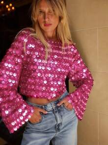 Womens Sequin Flared  Long Sleeve Blouse Tops Long Sleeve Sequined Loose Fit Glitter Sparkly Bell Sleeve Crew Neck Shirts Summer Holiday Beachwear Party Clubwear - 玫紅色 - 查看 2