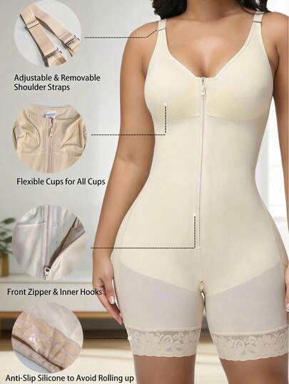 Shapewear elegante de encaje y parches para mujer, body con cierre de botones para control del abdomen