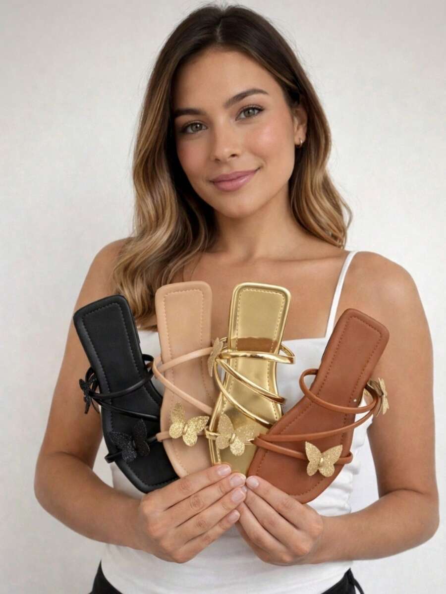 Women's Boho Flat Sandal, Comfortable Casual, With Rhinestone And Glitter Details, Luxurious, Elegant And Sophisticated, Summer Style, Available In Black, Rose, Nude, And Caramel - 乾枯玫瑰色 - 查看 1