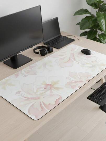 Extra Large Gaming Mouse Pad - Soft Pink & White Hibiscus Watercolor Design, Fresh & Healing Style, Non-Slip Rubber Base, Smooth Surface, Suitable For Office, Gaming, Computer, Office And Dorm Use, Compatible With Mouse And Trackball, Great Gift For Gamers
