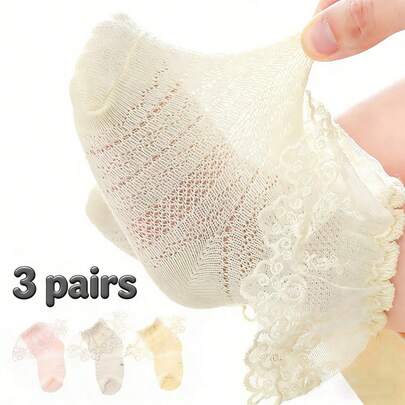 3 Pairs Lace Mesh Ruffle Socks For Baby Girls, Thin Summer Infant Socks, Thin Baby Socks For Summer
