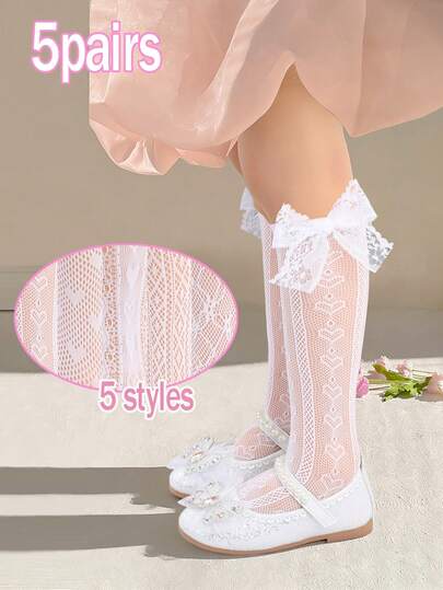 1/5 Pairs Girls' Sweet Cute Lace Bow Heart Jacquard Thin Mid-Calf Socks, Breathable Hollow Out Summer Girls' Mesh Socks, Suitable For Lolita Style