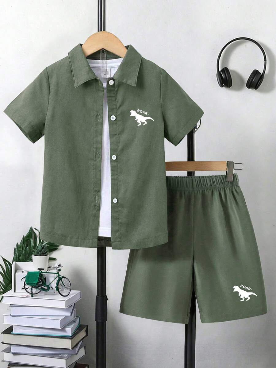 Tween Boy Cartoon Print Shirt And Shorts Set - Green - View 1