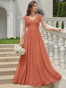 EVERPRETTY Nuevo vestido de verano elegante para dama de honor, de gasa naranja con lazo en el cuello, adecuado para invitados de boda, cenas formales, ocasiones y fiestas de cumpleaños - Naranja Coral - Ver 6