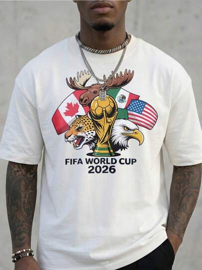  Men's Plus Size FIFA World Cup 2026 T - Shirt With Host Nations (Canada, Mexico, USA) Flags & Symbolic Animal Prints, 100% Cotton Breathable Comfort Essential For Team Cheering