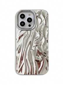 1 pieza Funda de teléfono con patrón de ondas plateado chapado en plata, diseño minimalista de silicona, compatible con iPhone 17 Pro Max. Funda protectora de silicona minimalista compatible con iPhone 15 Pro, 16 Pro Max, 13, 14 Plus, regalo de primavera - Plateado - Ver 5