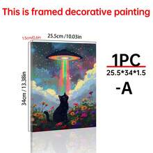 2D平面创意猫咪UFO装饰画,创意油画风格,动物帆布海报,适用于客厅、卧室和家庭办公室 - 无框设计 - 彩色 - 查看 17