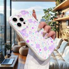 1pc Fashion Purple Four-Leaf Clover Plant Element Pattern White Cream Ripple Thick Anti-Drop Precision Hole Lens Protective Phone Case Compatible With IPhone 17/17 Pro/17 Pro Max/17 Air/16/11/16 Pro/16 Plus/16 Pro Max/16e/15 Pro Max/13/14/12/11/7G/8P, Galaxy A3/12/13C/NOTE12 4G/NOTE13, A16/A17/A18/A57/A58/A78/A98/A60/A3X 4G, Y20/Y21/Y36 - White - View 11
