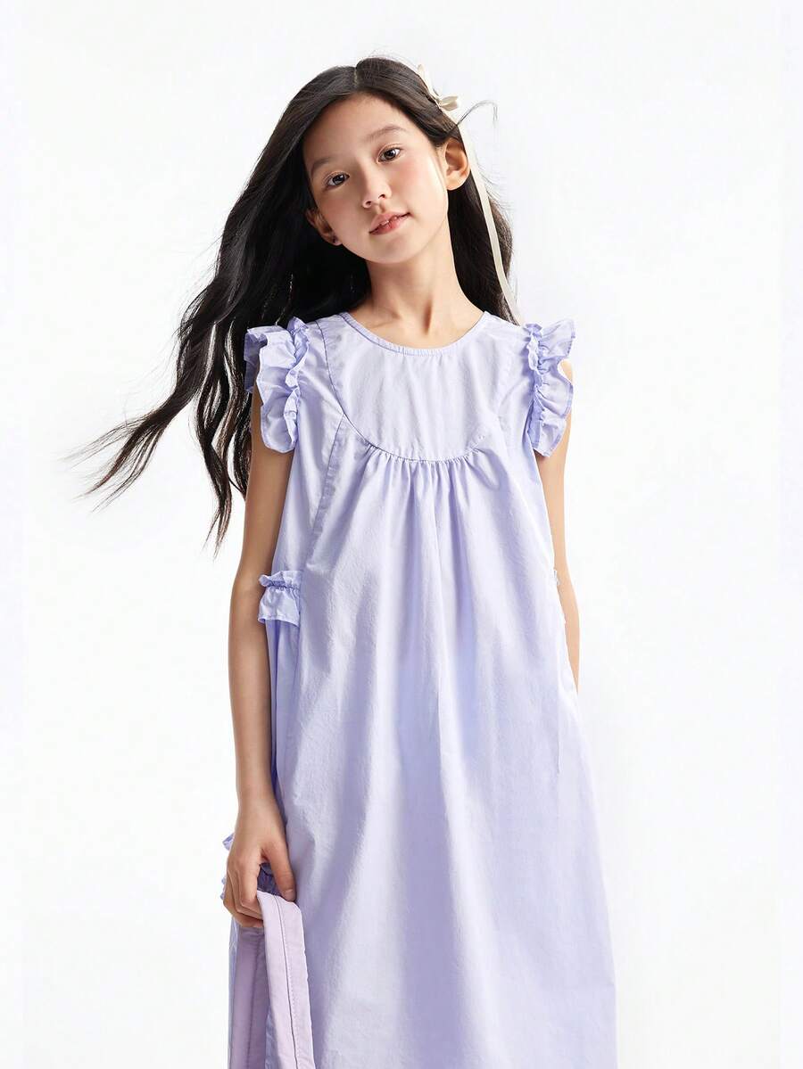 Annil [Fresh Cotton Linen Dress] Girls' Summer Sweet And Fun All-Over Embroidered Loose Breathable Puff Sleeve A-Line Dress - Photinia - View 1