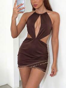Vestido con diseño de flecos y calado con escote halter sexy y espalda descubierta para fiestas y salidas nocturnas - Marrón - Ver 1