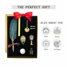 Feather Quill Calligraphy Set – Antique Dip Pen Writing Kit With 12 Zodiac Wax Seals, Ink, Nibs, Pen Stand, Envelopes & Paper – Vintage Gift For Beginners (White) - White - View 10