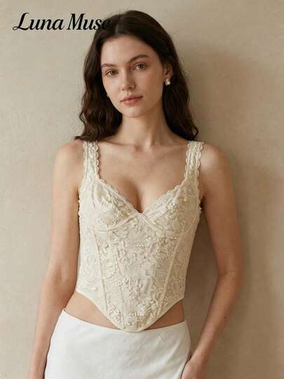 Luna Muse Women's New Apricot Embroidered Strap Spring Top, Vintage Corset-Style Bustier With Fishbone Shaping, Retro Lace Square Collar Bustier, Y2K Vintage Embroidered Bustier, Square Collar Floral Embroidered Bustier, Fitted Short Open Shoulder Camisole Top In Cream, Sexy And Elegant For Music Festivals, Parties, Dates, Casual, Nightclubs, Thanksgiving, Christmas, New Year Outfits, Paired With Mini Skirts