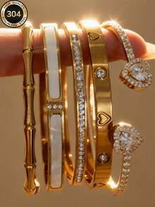 Minimalist Elegant Fashion Versatile Gentle Unique Geometric Design Copper Micro-Inlaid Cubic Zirconia Bracelet Set, Suitable For Women's Daily Commute, Banquet, Wedding, Fashionable And High-End - Gold - View 1