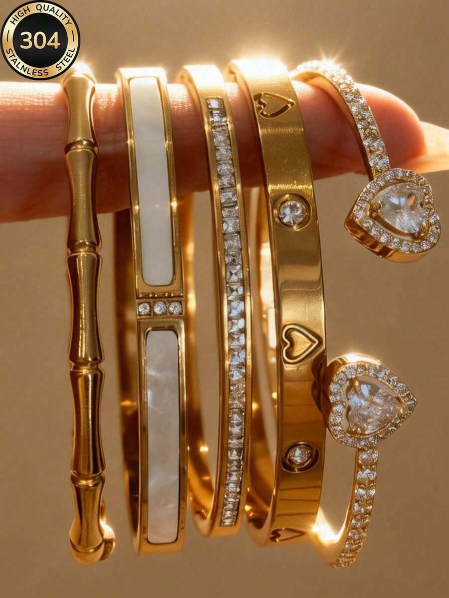 Minimalist Elegant Fashion Versatile Gentle Unique Geometric Design Copper Micro-Inlaid Cubic Zirconia Bracelet Set, Suitable For Women's Daily Commute, Banquet, Wedding, Fashionable And High-End - Gold - View 1