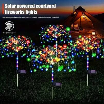 4个太阳能烟花灯，太阳能花园灯，8种照明模式，适用于庭院、花园、小路、别墅户外照明、圣诞装饰，带地插，仙女灯
