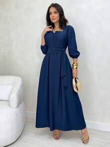 Mirella Long Dress • Winter Style • Square Neckline With Unique Front Opening And Buttons • 3/4 Puff Sleeves With Elastic • Adjustable Belt • Defined Waist • Flowing A-Line Silhouette - 藏蓝色 - 查看 2