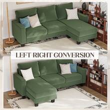 L-Shaped Convertible Sectional Sofa 3 Seater With Corduroy Fabric, Complete With Mobile Footrest, For Living Room, Apartment And Office - 綠色 - 查看 6