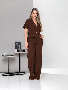 New Tailored Blouse And Wide-Leg Trousers Set With Working Buttons C6606 - Coffee Brown - View 1