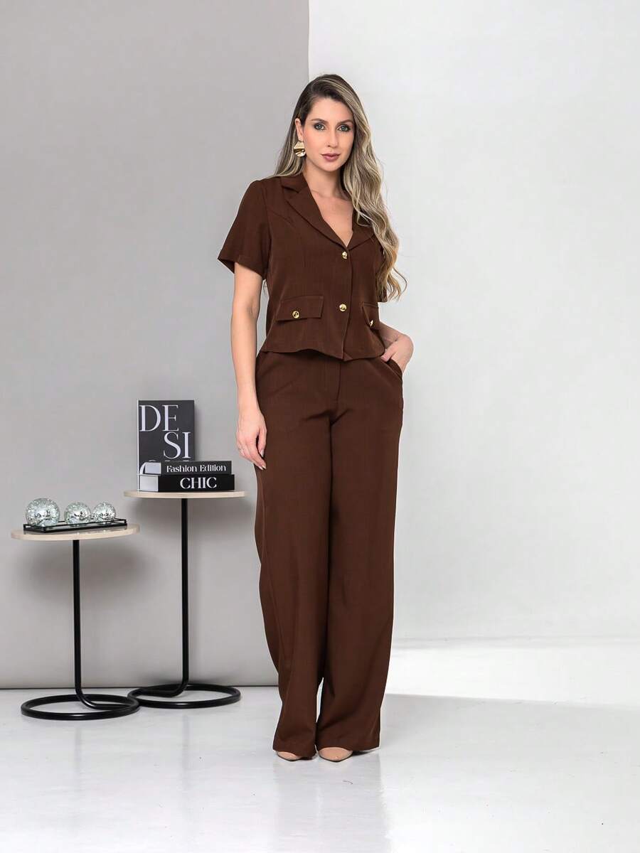 New Tailored Blouse And Wide-Leg Trousers Set With Working Buttons C6606 - Coffee Brown - View 1