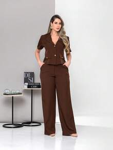 New Tailored Blouse And Wide-Leg Trousers Set With Working Buttons C6606 - Coffee Brown - View 3