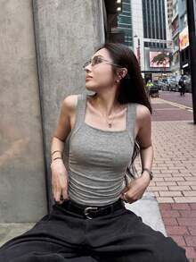 夏季新款简约方领修身背心，女士款 - 灰色 - 查看 1