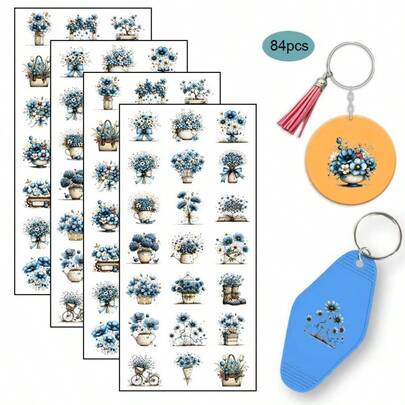 84pcs/Set Of Whimsical Floral Spring-Themed UV DTF Transfer Stickers, Suitable For Decorating Acrylic Keychains, Motel And Hotel Key Fobs, High Adhesion UV DTF Packaging Stickers Laptop Stickers, Festive Decorations, Holiday Pattern Designs (Keychains Not Included)