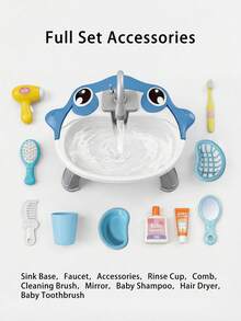 二合一儿童电动钓鱼戏水沙桌玩具，模拟梳妆台浴室玩具，户外沙滩泳池戏水套装（不含毛巾），幼儿礼物 - 鯊魚池 - 查看 4