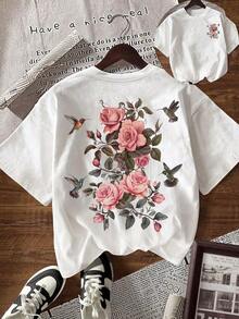 Camiseta de manga corta con cuello redondo y estampado de letras y montañas para mujer, estilo casual, para verano. - Blanco - Ver 1
