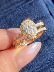 一套925纯银优雅高端单排水滴形钻石戒指套装，适合女性日常佩戴、生日派对、求婚仪式和周年纪念日。 - 白鑽-金 - 查看 4