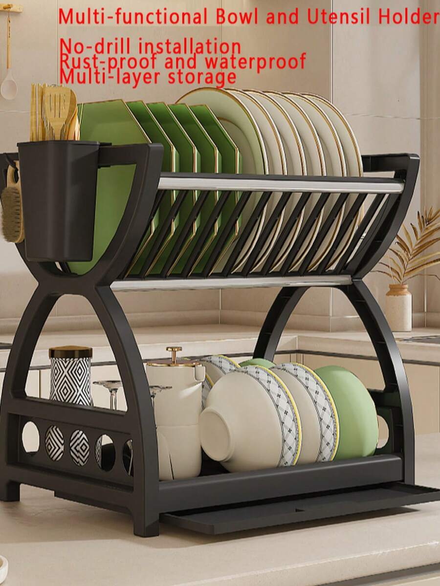 1个塑料厨房收纳架，多功能碗碟沥水架，双层餐具收纳盒 - 彩色 - 查看 1