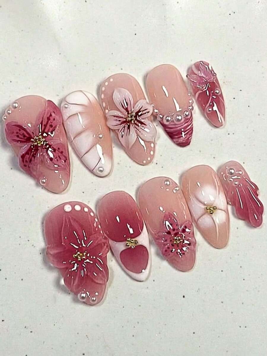 Y2K 花卉壓克力穿戴甲 10片/組,法式中長杏仁形 DIY 藝術全息 3D 假指甲,附白色珠飾/蝴蝶配件,適合美甲沙龍、女孩與女性美甲用品 - 彩色 - 查看 1