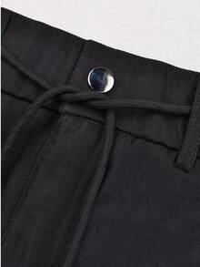 Women's Y2K Style Elastic Waist Drawstring Cargo Pants With Flap Pockets, Zipper Details, Metal Buttons, And Side Slits Casual Black Spring - Black - View 7