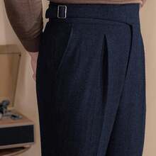 Men'S Trousers Retro Tweed Blend Pants Patterned Striped Slim Fit Gathered Front Vent Pants - 海軍藍 - 查看 1