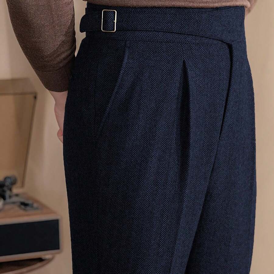 Men'S Trousers Retro Tweed Blend Pants Patterned Striped Slim Fit Gathered Front Vent Pants - 海軍藍 - 查看 1