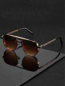 一副男士黑色金色双梁飞行员太阳镜，金属材质，UV400 防晒，奢华驾驶风格太阳镜，自驾旅行款 - 彩色 - 查看 13