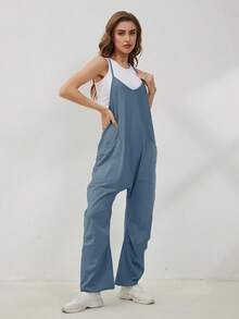 Women's Jumpsuit Romper Casual Sleeveless V-Neck Harem Overalls With Pockets - Stretchy Adjustable Straps Summer Beach Outfit - 藍灰色 - 查看 3