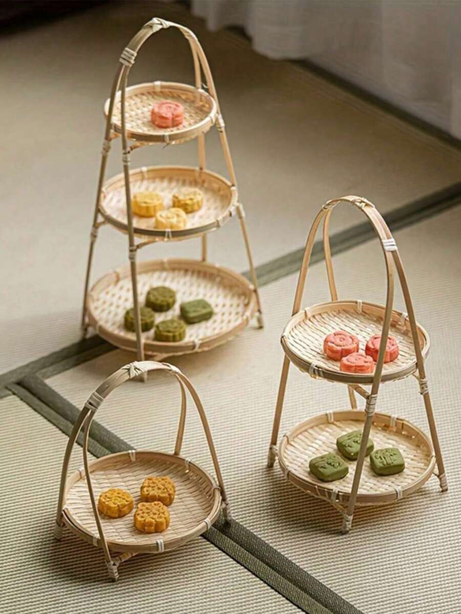 1/2/3 Tier Round Bamboo Snack & Dessert Stand, Tiered Tray Display Rack, Rustic Farmhouse Decor, Creative Dessert Display Stand, Cake Stand, Fruit Plate, Suitable For Holiday Parties, Home Kitchen Supplies, Wedding Decoration Display Rack - Yellow - View 1