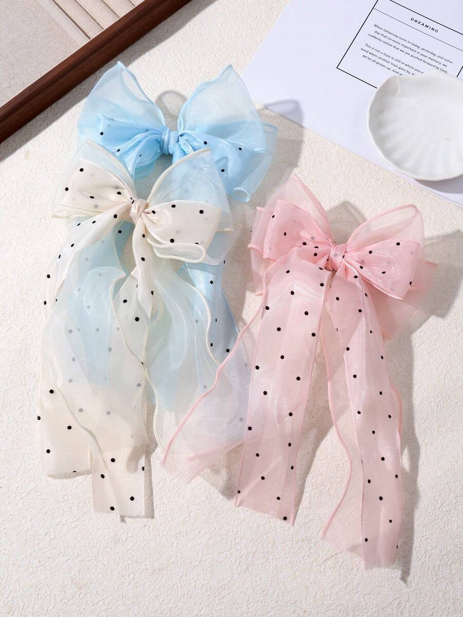 1pc Girls' Sweet Polka Dot Mesh Bow Ribbon Hair Clip, Versatile Daily Wear - Multicolor - View 1