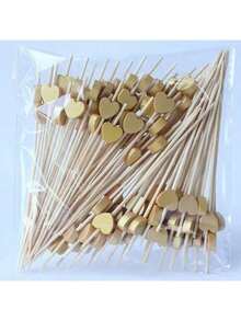 200pcs/100pcs/50pcs/20pcs/10pcs Bamboo Heart Fruit Picks, Suitable For Wedding Buffet, Desserts, Valentine's Day Party, Gathering, Restaurant Party, Birthday Celebration - Gold - View 1