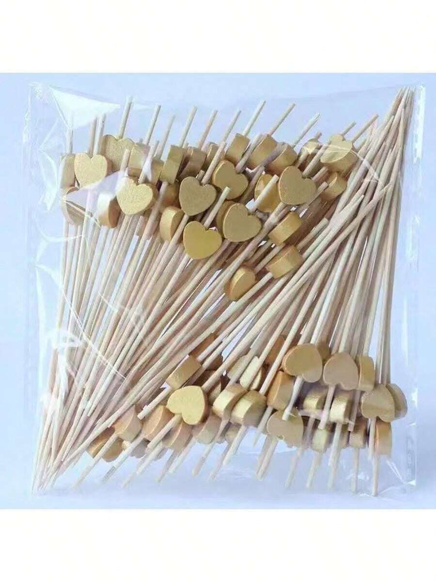 200pcs/100pcs/50pcs/20pcs/10pcs Bamboo Heart Fruit Picks, Suitable For Wedding Buffet, Desserts, Valentine's Day Party, Gathering, Restaurant Party, Birthday Celebration - Gold - View 1