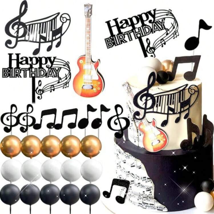 24Pcs-Rock Music Cake Decorations, Guitar & Music Note Ball Decor For Birthday & Rock Theme Parties - Multicolor - View 3