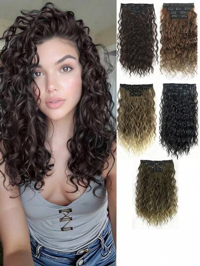 4 sets con un total de 11 pelucas con clip. Pelucas con clip, peluca rizada suave y natural de 16 pulgadas con clip, fibra de alta temperatura tejida en ondas rizadas para mujeres, no fácilmente perceptible, marrón chocolate con tonos dorados de miel, pelucas rizadas con clip, pelucas para mujeres, pelucas rizadas, adecuadas tanto para uso diario como para ocasiones de Halloween y fiestas de Navidad.